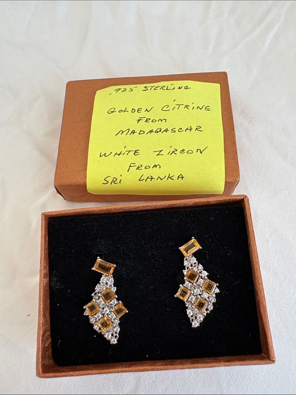 Sterling Silver Citrine and White Zircon Drop Earrings - Golden